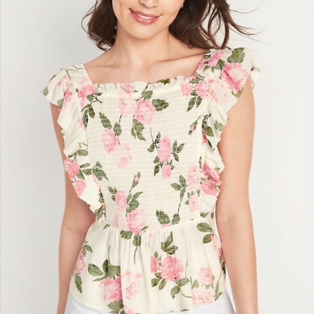Flutter Sleeve Top Floral Ruffle Trim